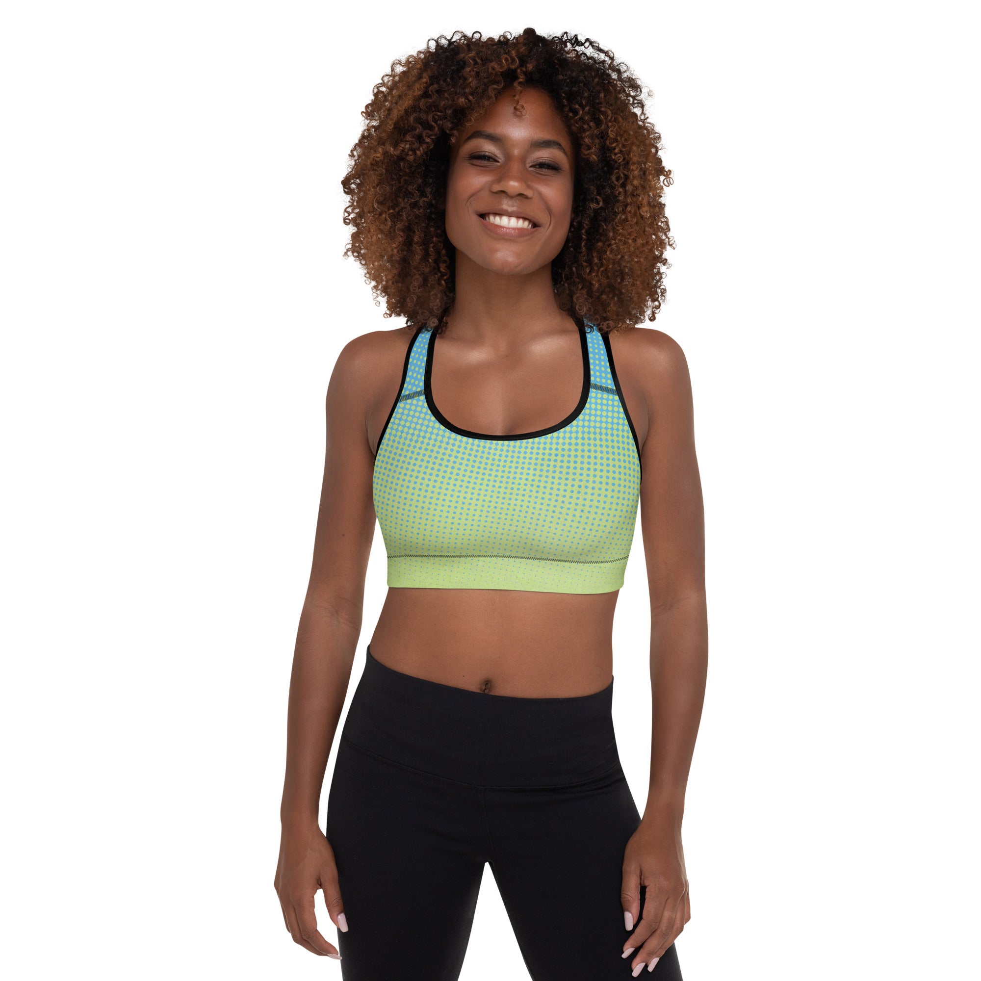 a woman wearing a Sweetest Paw Padded Sports Bra Multi top.