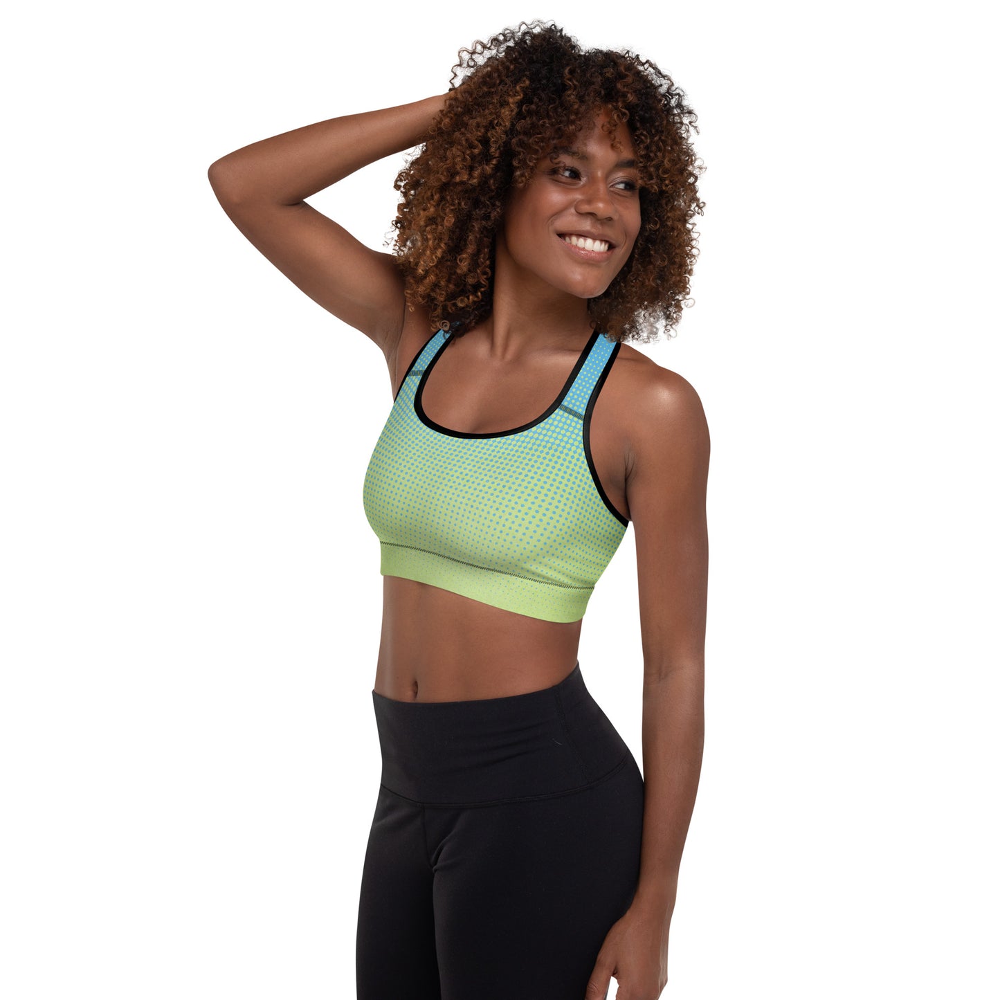 a woman wearing a Sweetest Paw Padded Sports Bra Multi top.