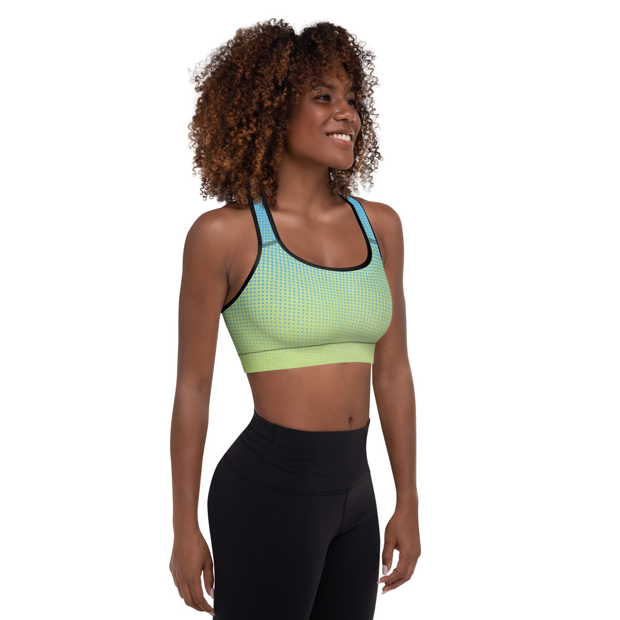 a woman wearing a Sweetest Paw Padded Sports Bra Multi top.