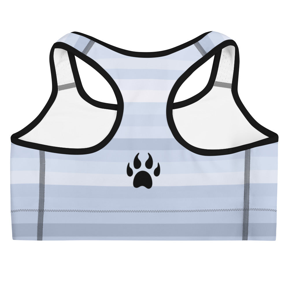 A Sweetest Paw Sports Bra Stripes with a paw print on it.