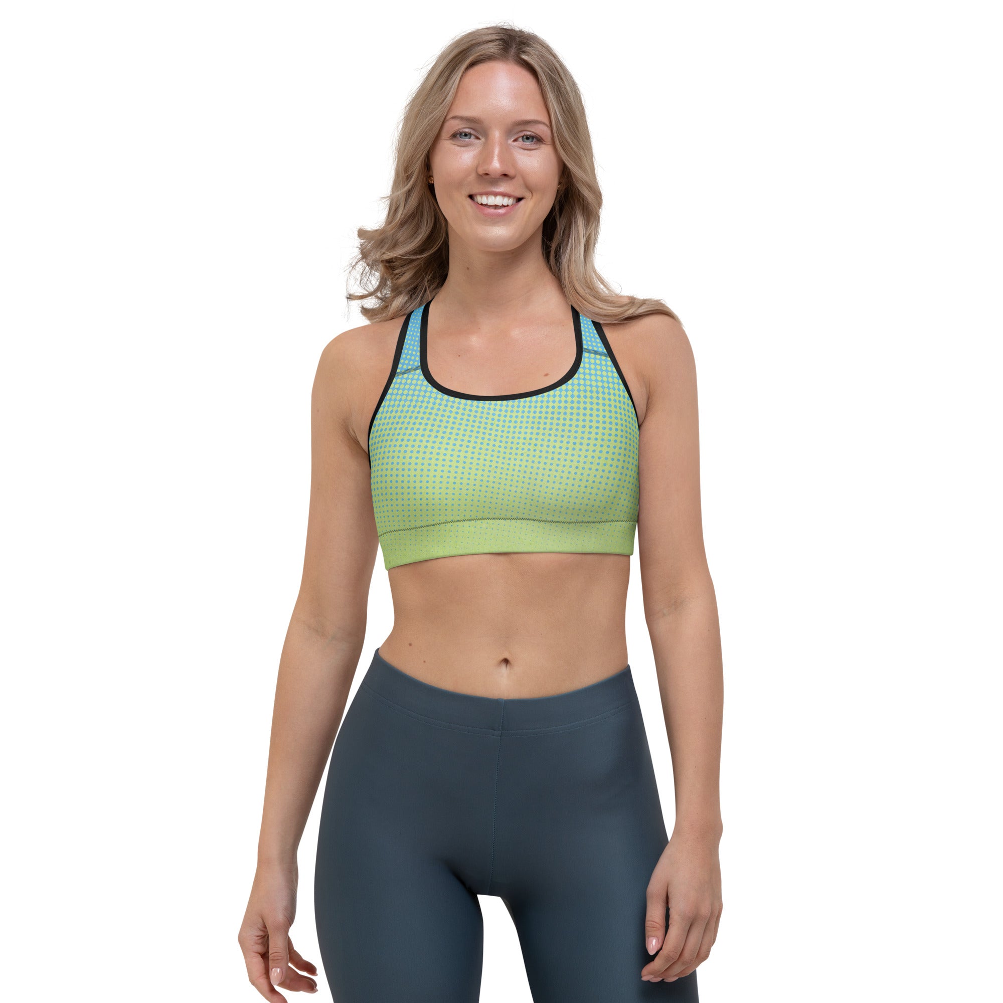 a woman wearing a Sweetest Paw Sports Bra Multi.
