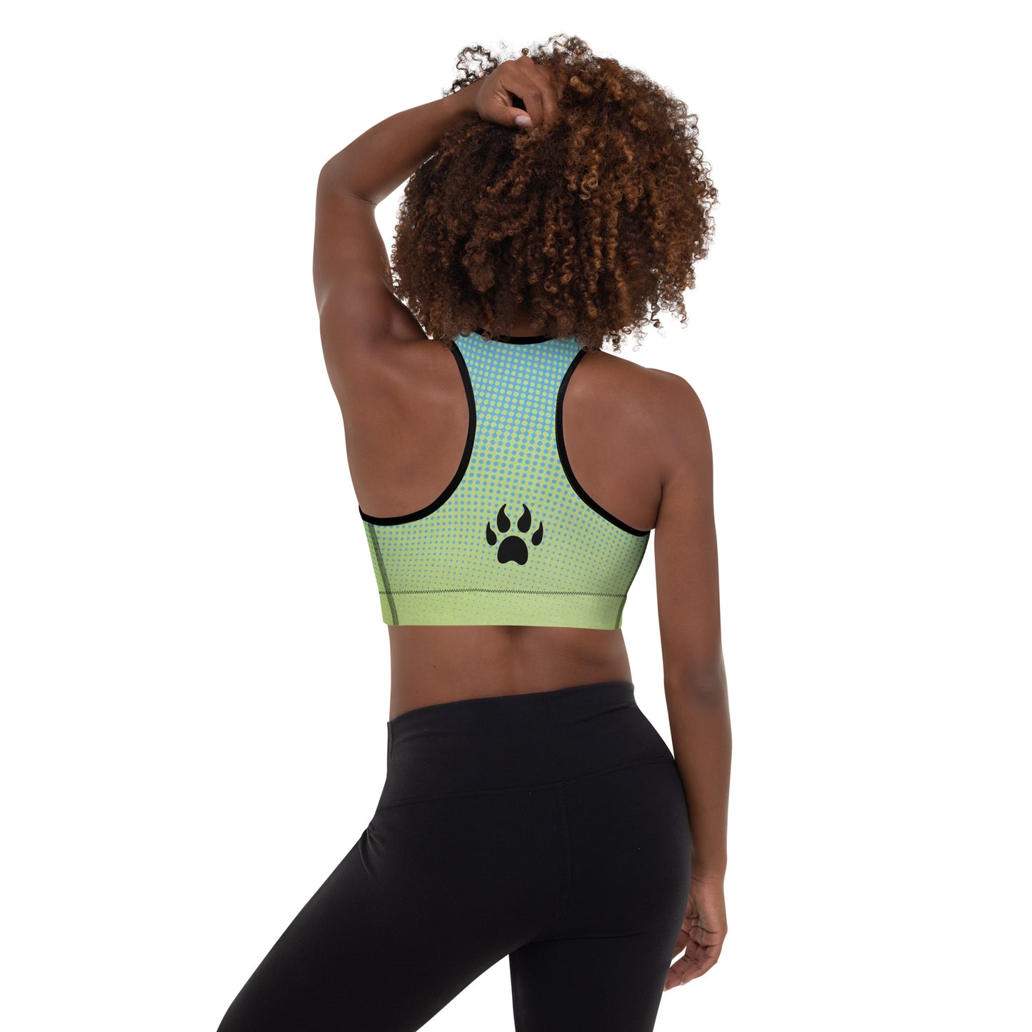 The back view of a woman wearing a Sweetest Paw Padded Sports Bra Multi in green and blue.