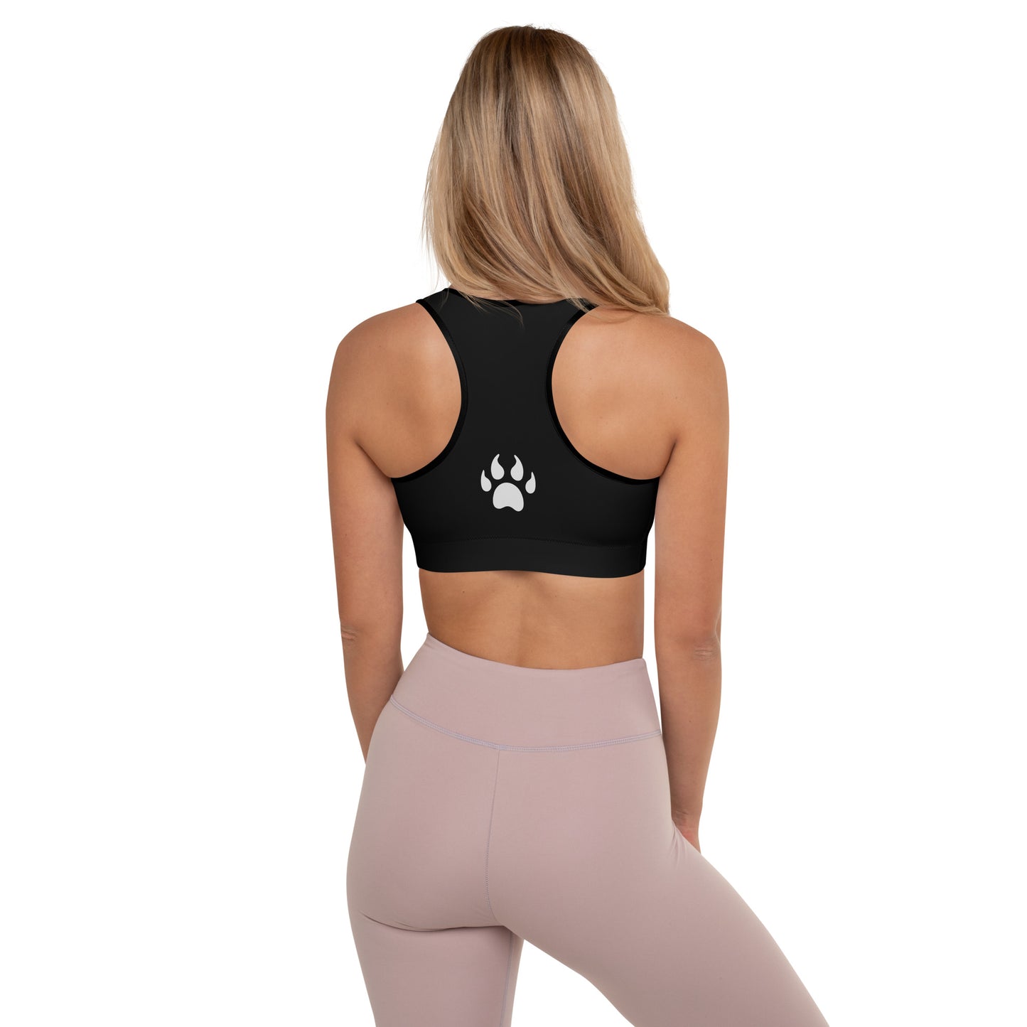 the back view of a woman wearing a Sweetest Paw Padded Sports Bra Black with a paw print on it.