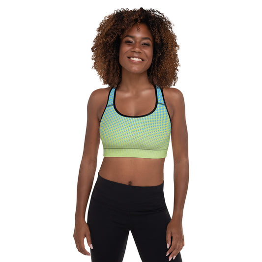 a woman wearing a Sweetest Paw Padded Sports Bra Multi top.