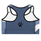 a blue and white Sweetest Paw Sports Bra Camo with a paw print on it.