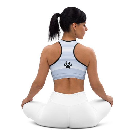 a woman sitting in a yoga pose wearing a blue and white Sweetest Paw Sports Bra Stripes top.