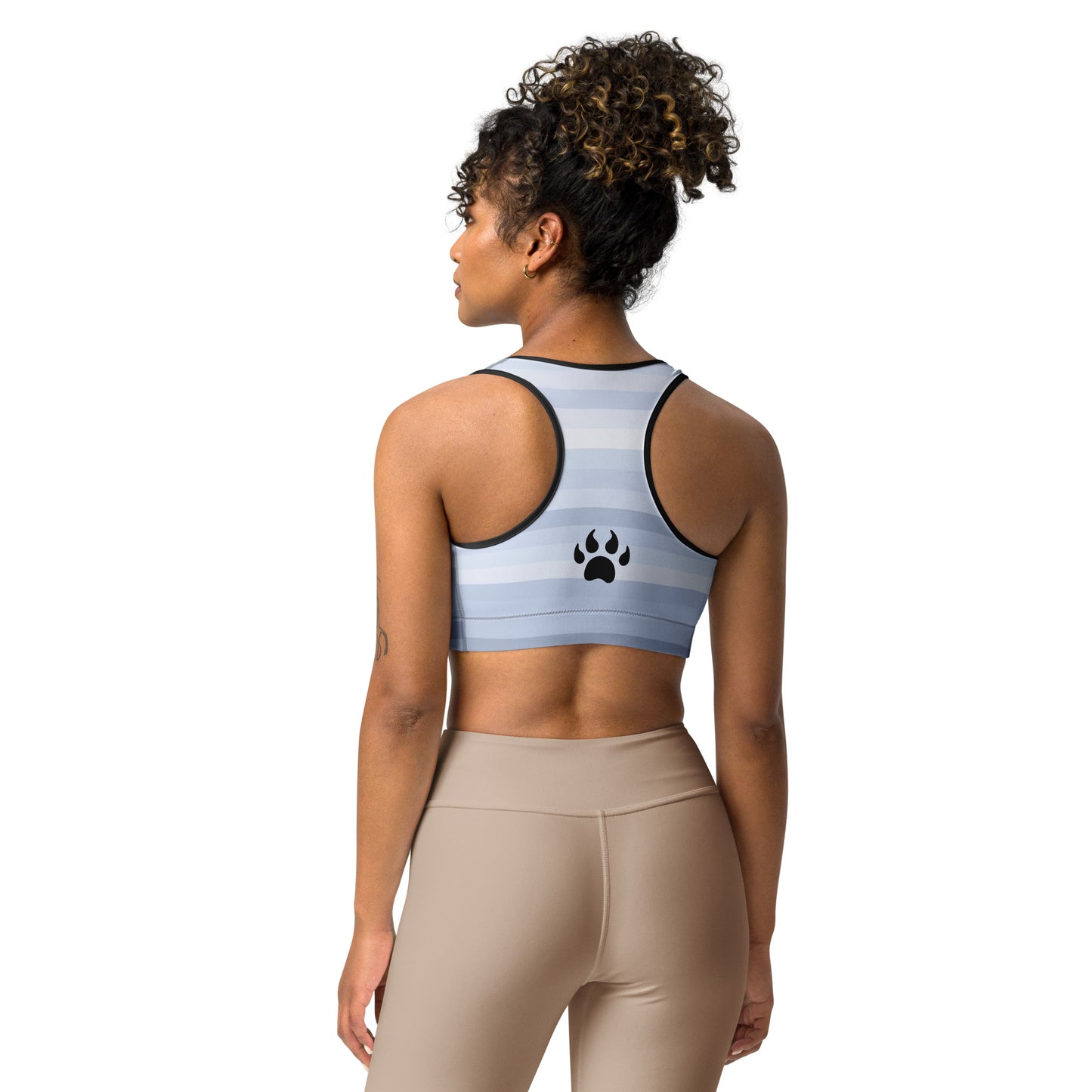 the back view of a woman wearing a Sweetest Paw Sports Bra Stripes