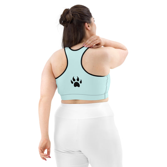 The back view of a woman wearing a Sweetest Paw Sports Bra Teal with paw print.