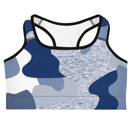 a blue and white Sweetest Paw Sports Bra Camo.