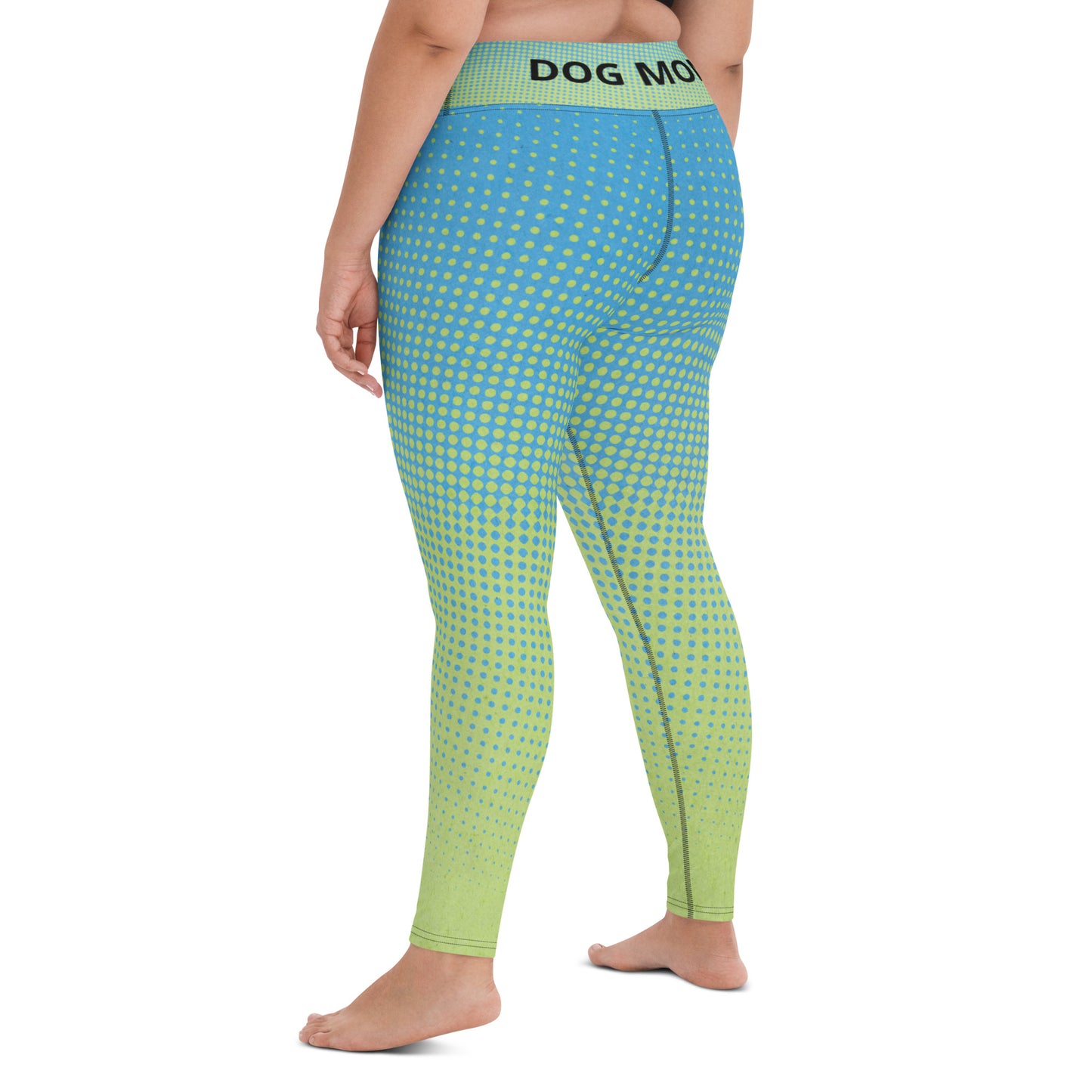 The back of a woman wearing Sweetest Paw's Yoga Leggings Multi in blue and green polka dot.