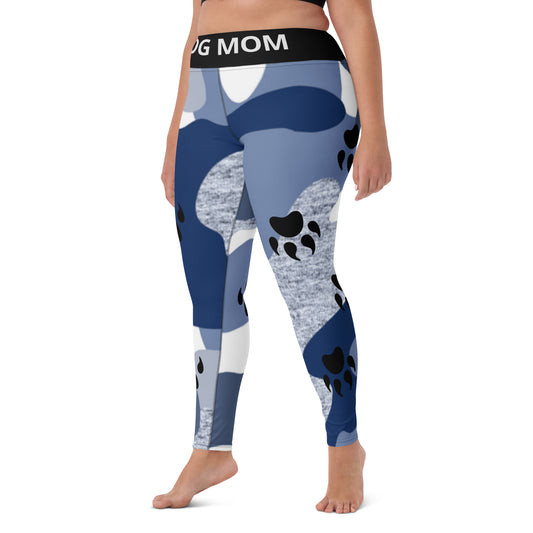 A woman wearing blue and white Sweetest Paw Yoga Leggings Camo PawPrint.