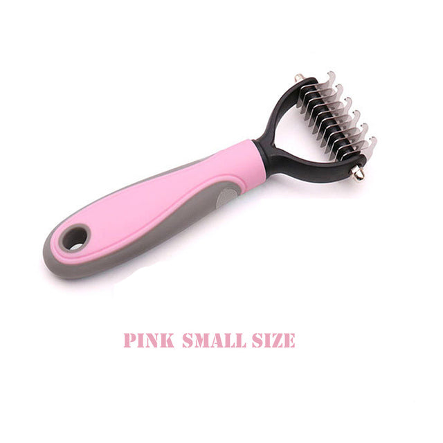 A pink small size Dog Comb Pet Hair Removal Comb with a black handle by Sweetest Paw.