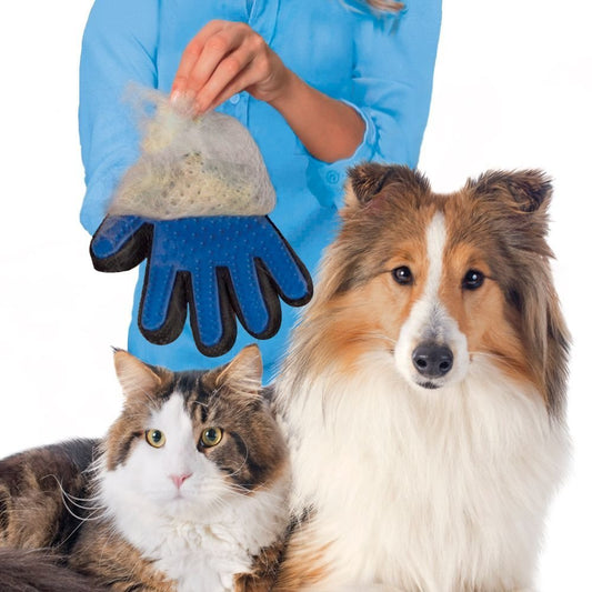 A woman is holding a Sweetest Paw Pet Grooming Brush Glove with a cat on it.