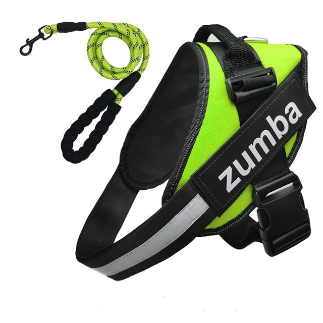 A Sweetest Paw Personalized Reflective Breathable Adjustable Dog Harness and Leash Set with the word zumba on it.