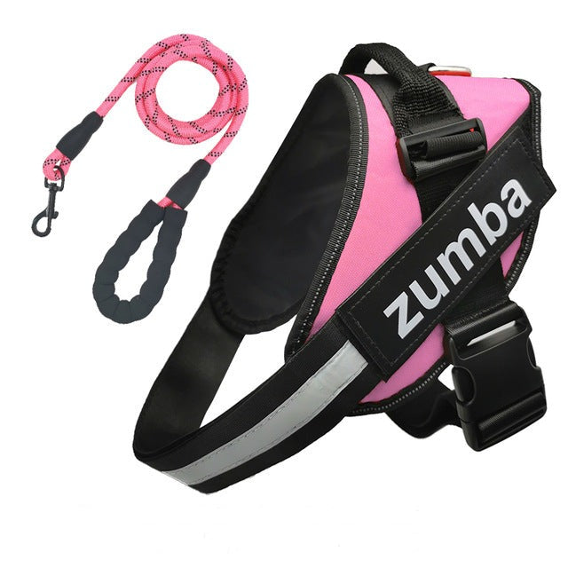 A pink Sweetest Paw Personalized Reflective Breathable Adjustable Dog Harness and Leash Set with the word zumba on it.