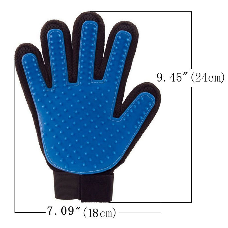 a blue and black Pet Grooming Brush Glove by Sweetest Paw with measurements.