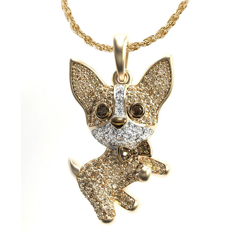 A Sweetest Paw Chihuahua Dog Necklace Pendant with diamonds on a gold chain.