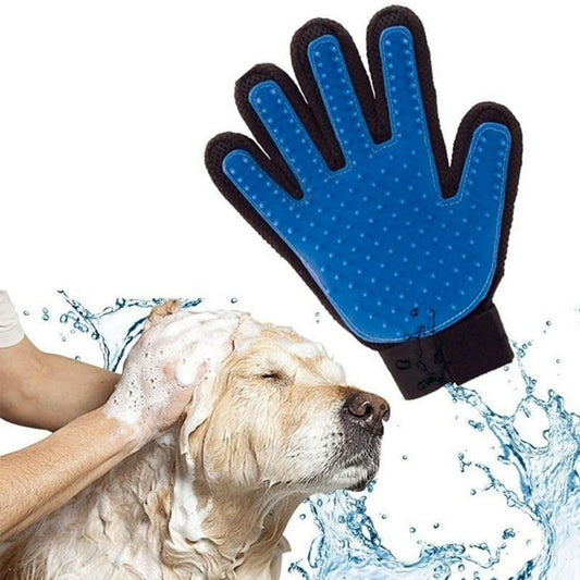 A person is washing a dog with a Sweetest Paw Pet Grooming Brush Glove.