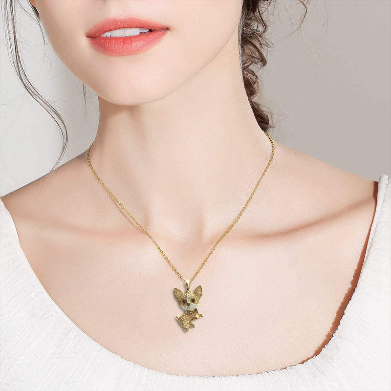 A woman wearing a Sweetest Paw Chihuahua Dog Necklace Pendant