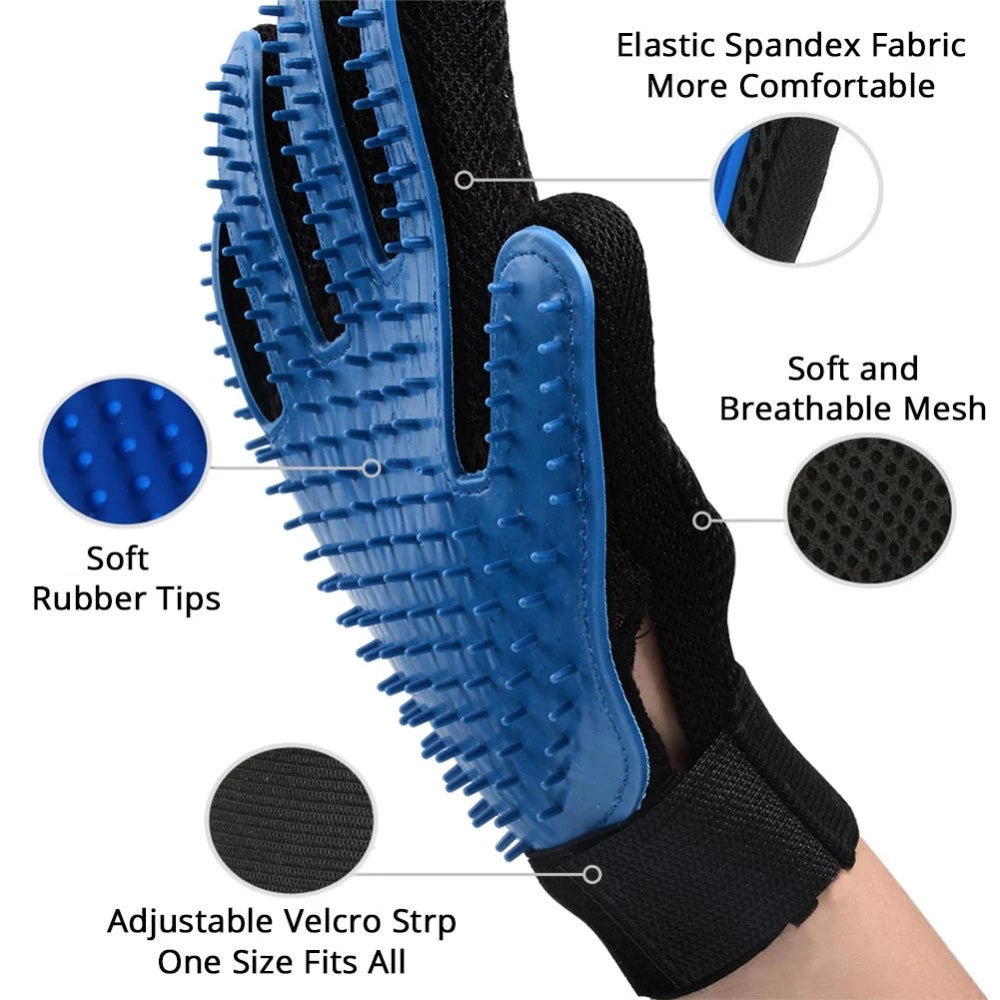a blue and black Pet Grooming Brush Glove with different features by Sweetest Paw.