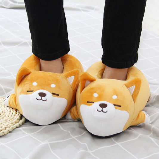 a person wearing a pair of Cute Shiba Inu Dog Slippers from Sweetest Paw.