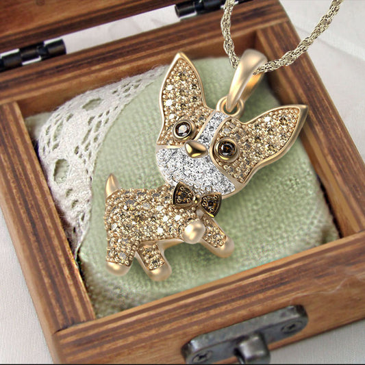 a Sweetest Paw Chihuahua Dog Necklace Pendant in a wooden box.
