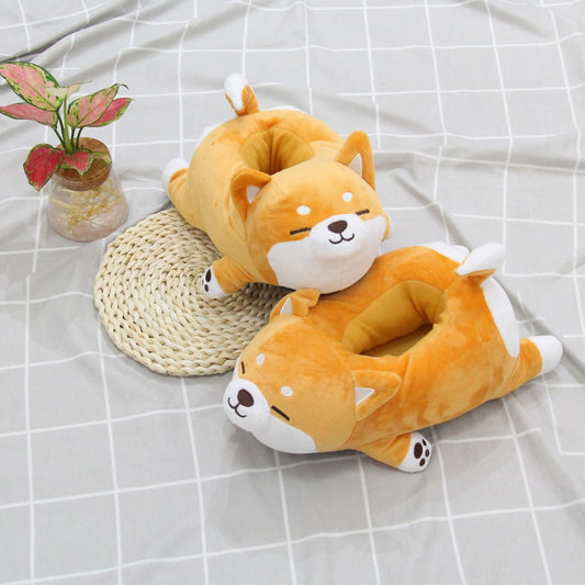 Two Cute Shiba Inu Dog Slippers by Sweetest Paw on a table.